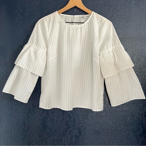 Madewell Stripe Ruffle Sleeve Top In Tilden Stripe White Wash - Picture 1 of 3